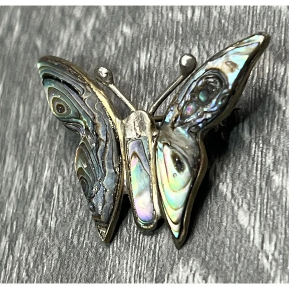 Vintage Mexican Abalone Shell Inlay Butterfly Brooch Pin Signed Hecho en Mexico